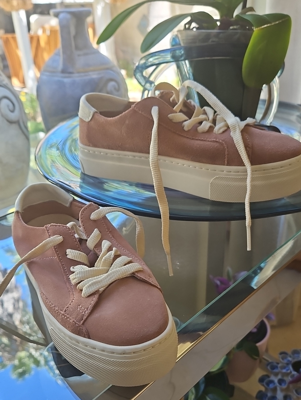 Soludos Suede Lace-Up Sneakers in Dusty Rose with Cream Accents